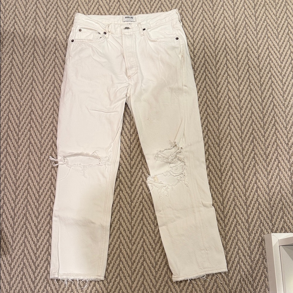 Agolde Riley Distressed Straight Jeans in Cream